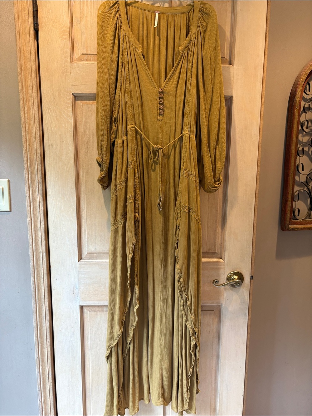 Free People Plenty of Love Gold Boho Tie-Waist Maxi Dress Size M